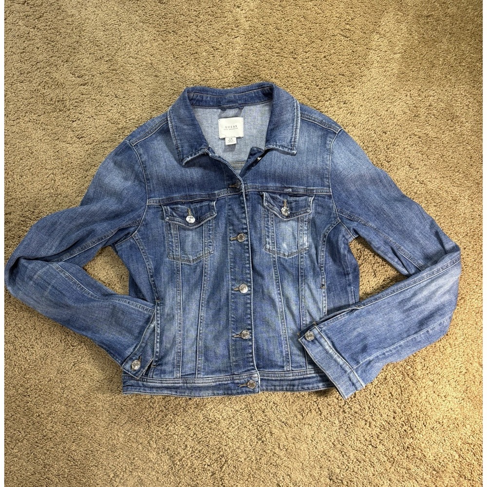 Guess Denim Jacket Women Large Trucker Paneling Distressed Pockets